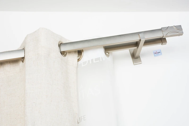 InCasa Curtain Double Pole: 31 x 12 mm Rectangular, Length 280 cm Without Rings Satin Steel Finish