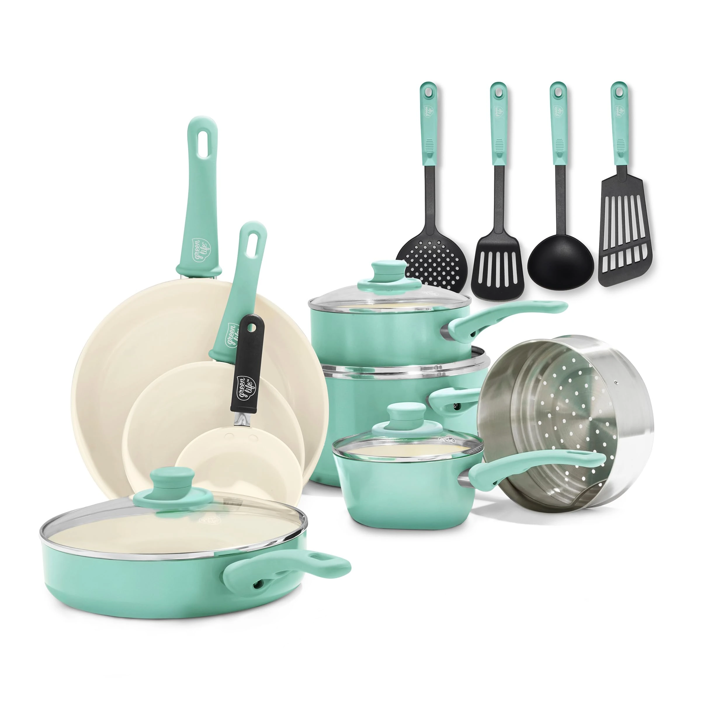 GreenLife Soft Grip Healthy Ceramic Nonstick 16 Piece Kitchen Cookware Pots and Pans Set, Includes Frying Pan Skillets Sauce and Casserole, PFAS-Free, Oven Safe, Turquoise
