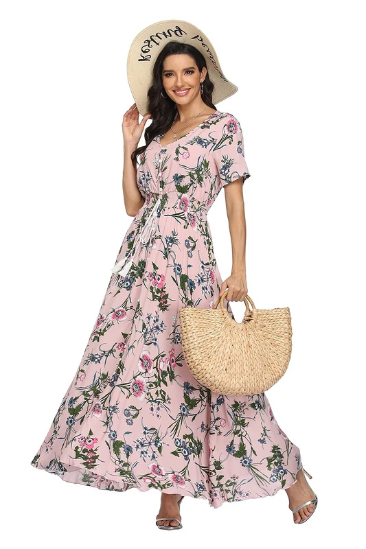 VintageClothing Women's Floral Maxi Dresses Boho Button Up Split Beach Party Dress - Pink - Large