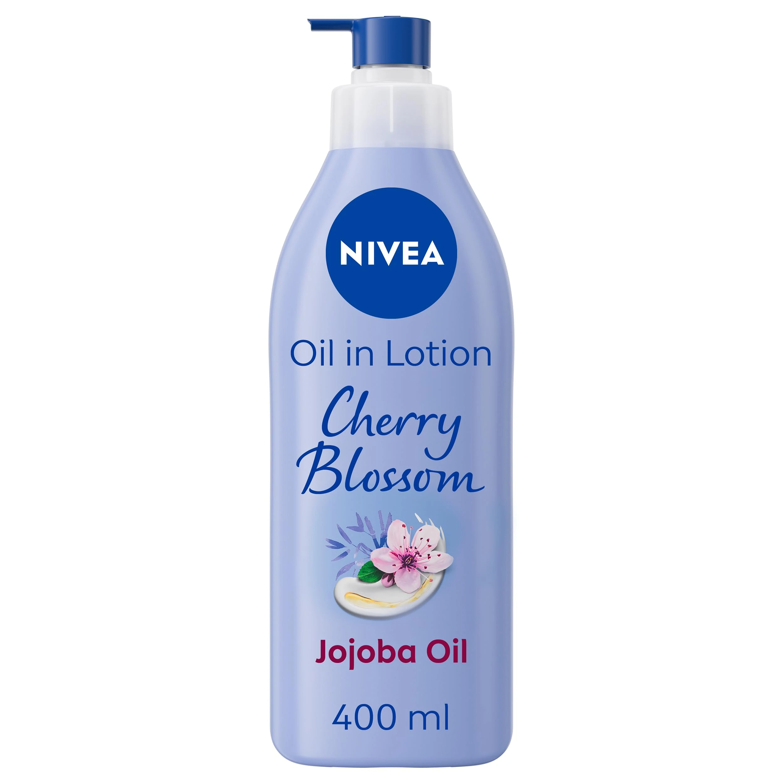 NIVEA Oil In Lotion Cherry Blossom & Jojoba Oil (400ml), Replenishing Body Lotion with Floral Cherry Blossom Scent & Pampering Jojoba Oil, Long-Lasting 48H Moisturising Cream, NIVEA Body Lotion