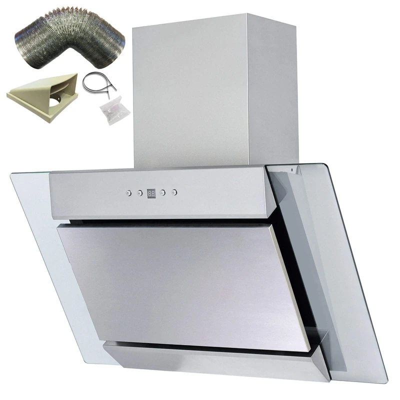 SIA AGL61SS 60cm Angled Stainless Steel And Glass Chimney Cooker Hood Kitchen Extractor Fan With LED Lights And 3m Flexible External Ducting Kit