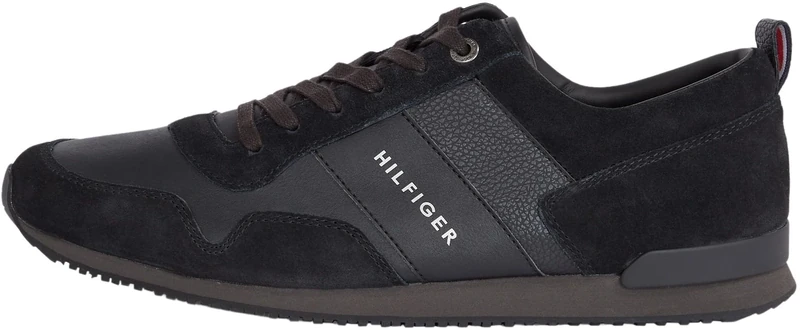 Tommy Hilfiger Men Iconic Leather Suede Mix Runner Trainers Athletic, Black (Black), 41 EU