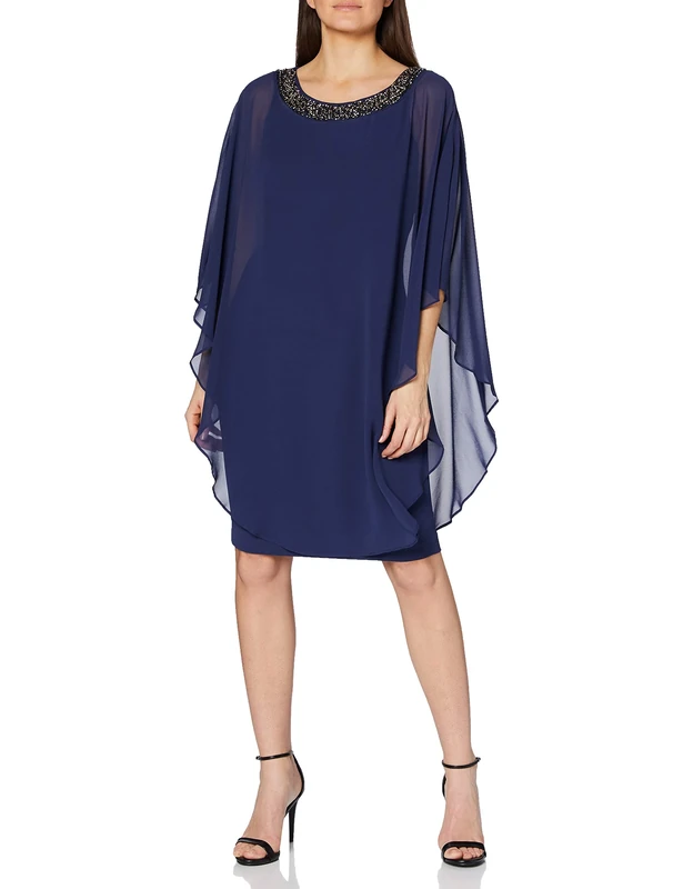 Gina Bacconi Women's Beaded Neck Crepe and Chiffon Dress, Blue (Navy), 10