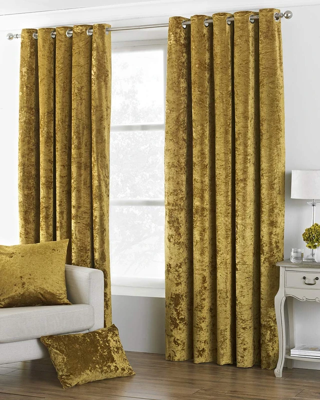 Riva Paoletti Verona Ringtop Eyelet Curtains (Pair) - Ochre Yellow - Velvet Feel - Crushed Velvet Look 100% Polyester - 168cm width x 229cm drop (66" x 90" inches) - Designed in the UK