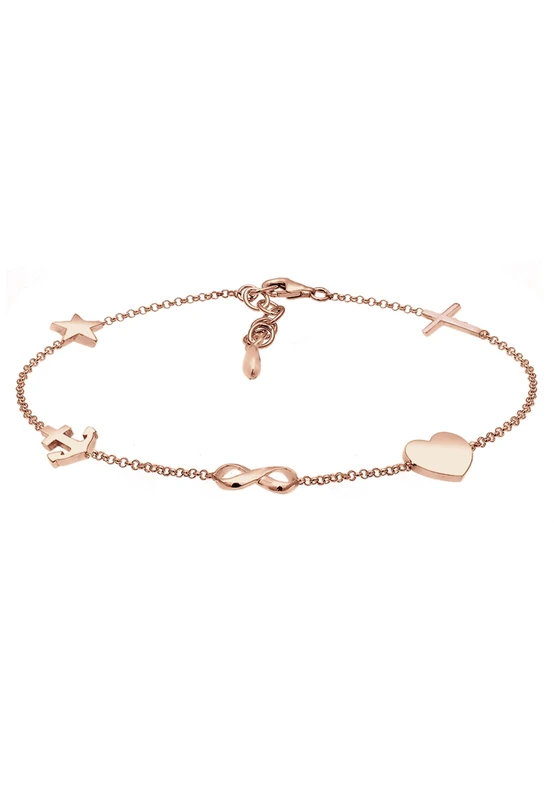 Elli Women's 925 Sterling Silver Rose Gold Plated Cross Heart Infinity Anchor Star Bracelet - 16cm length