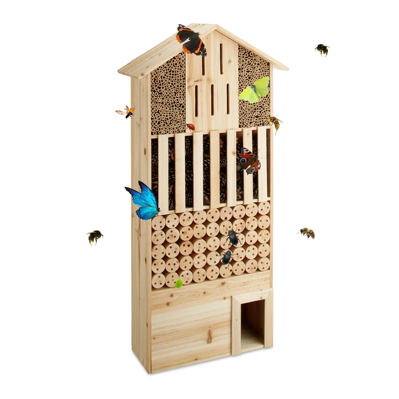 Relaxdays Free-Standing XXL Insect Hotel, Nest Help for Bees, Butterflies, Hedgehogs, Wood, HxWxD: 118 x 57 x 24 cm, Natural Brown
