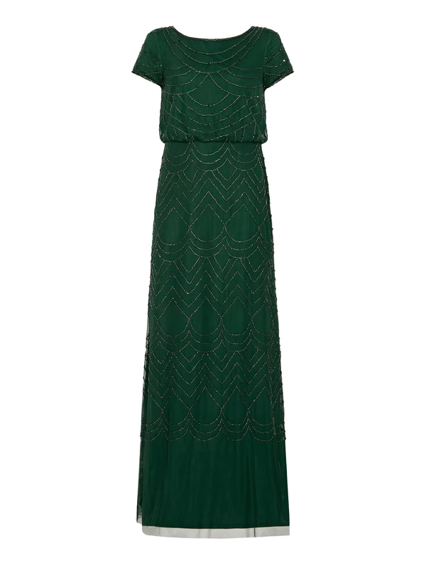 Adrianna Papell Women's Short Sleeve Blouson Beaded Gown Formal Night Out Dress, Dusty Emerald, 14