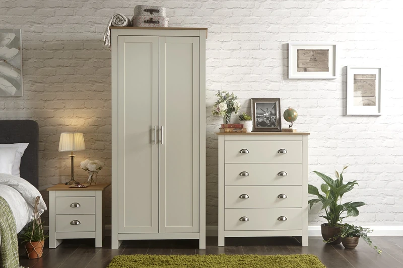 GFW Lancaster 3 Piece Bedroom Set Cream Bedside Cabinet Chest Of Drawers Wardrobe