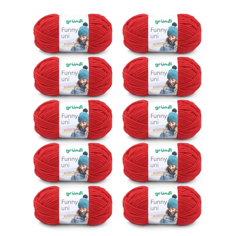 Gründl Funny uni knitting & crochet yarn (velvety chenille yarn made of 100% polyester, 100 g / 120 m, needle size: 5-6, 10 x 100 g), cherry