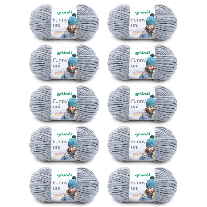 Gründl Funny uni Knitting & Crochet Yarn (Velvety Chenille Yarn Made of 100% Polyester, 100 g / 120 m, Needle Size: 5-6, 10 x 100 g), Light Grey
