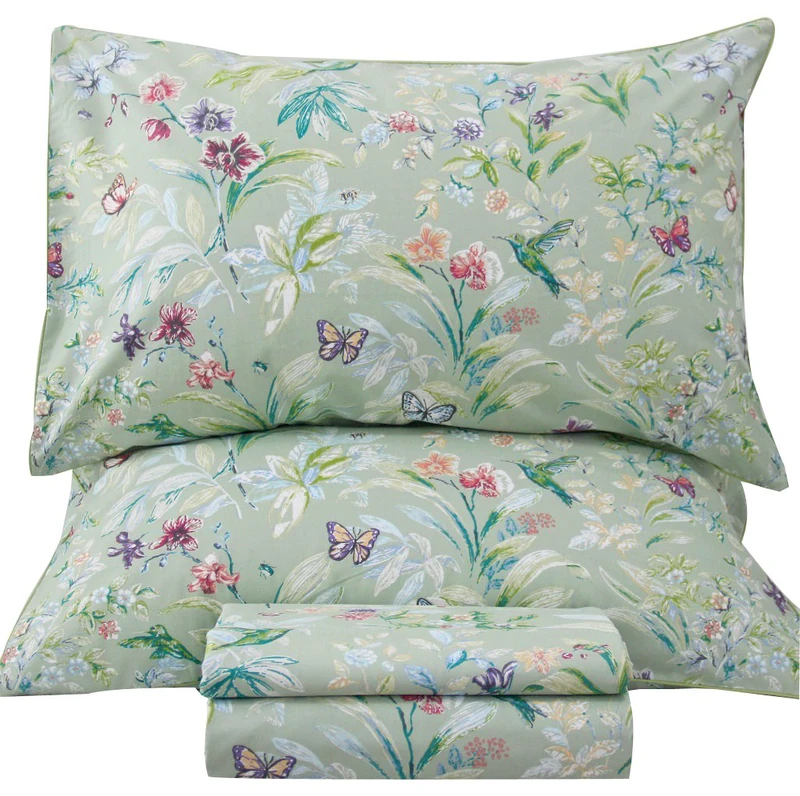 QSH Floral King Size Sheet Sets - Green Flower Bird Butterfly Print Botanical Bedding Egyptian Cotton Printed Sheets King Size Bed Extra Soft and Breathable 17.5" Deep Pockets Bed Sheets 4pcs