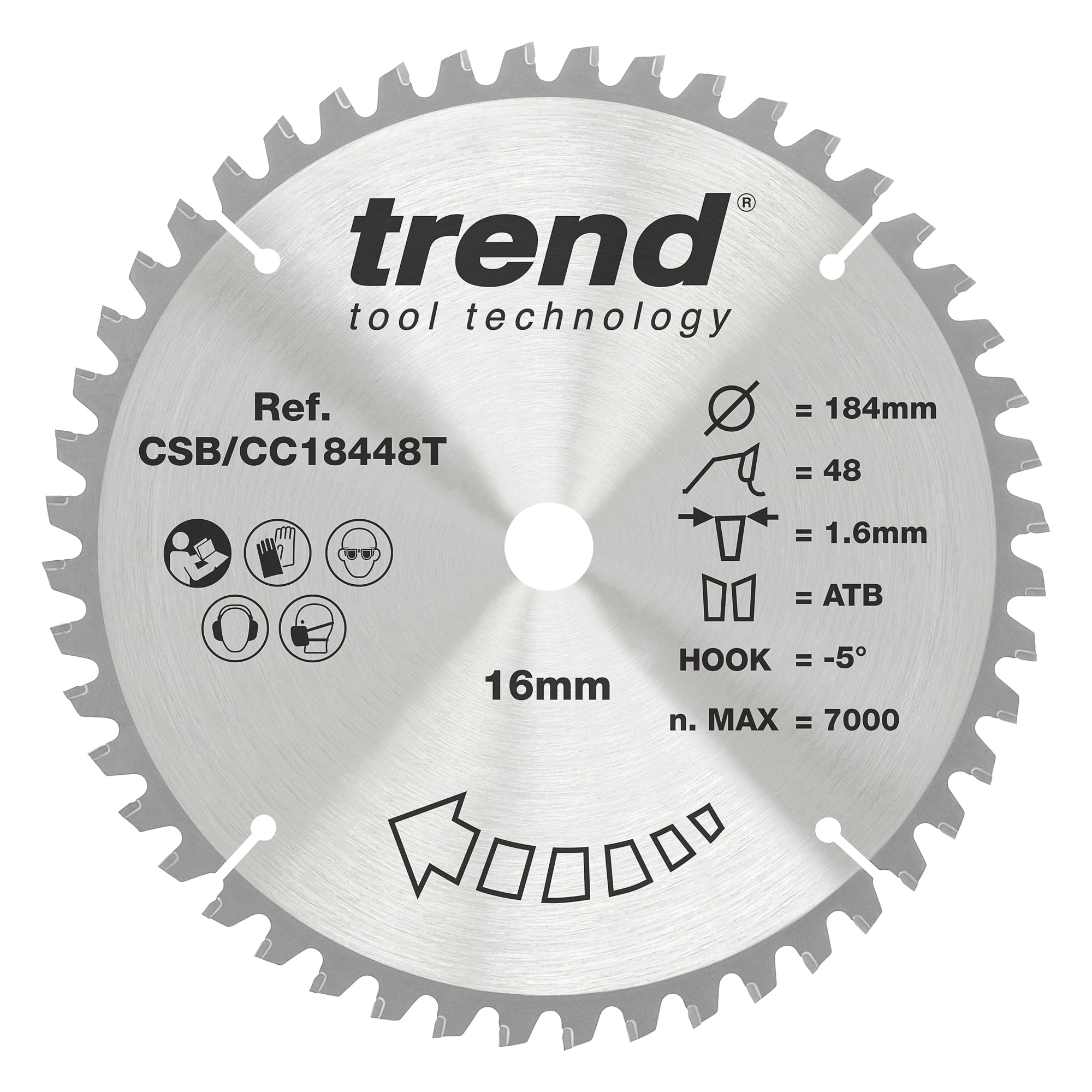 Trend Wood Cordless Mitre Saw Blade, 184mm Diameter, 16mm Bore, 48 Teeth, 1.6mm Kerf, -5° Hook, TCT, Fine Finish, CSB/CC18448T