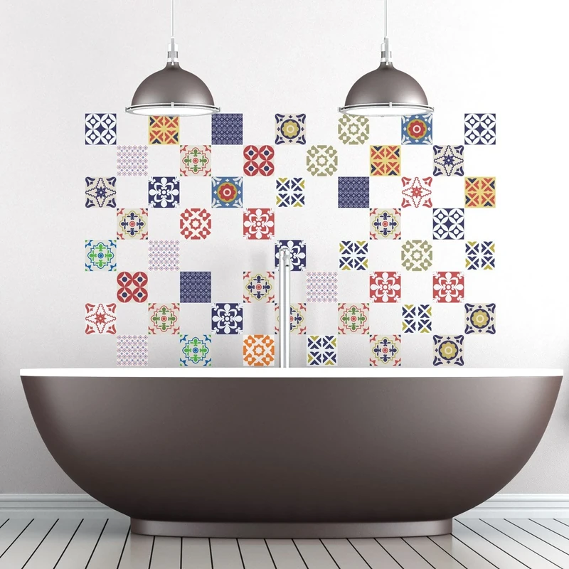 Ambiance Sticker Self-Adhesive Decorative Wall Decal Cement Tile for Bathroom and Kitchen Vintage Multicouleur - Pack of 60 Stickers of 20 x 20 cm