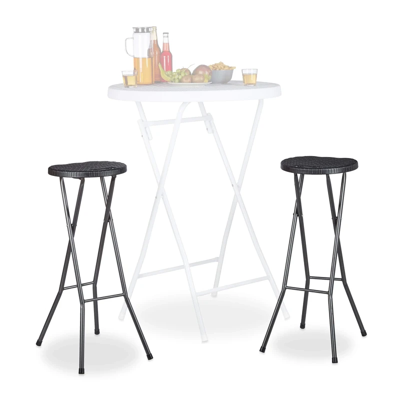 Relaxdays BASTIAN Folding Bar Stools Set of 2, Waterproof, 80 cm Tall, Breakfast Chair Double Pack, Plastic, Counter Seat, Black