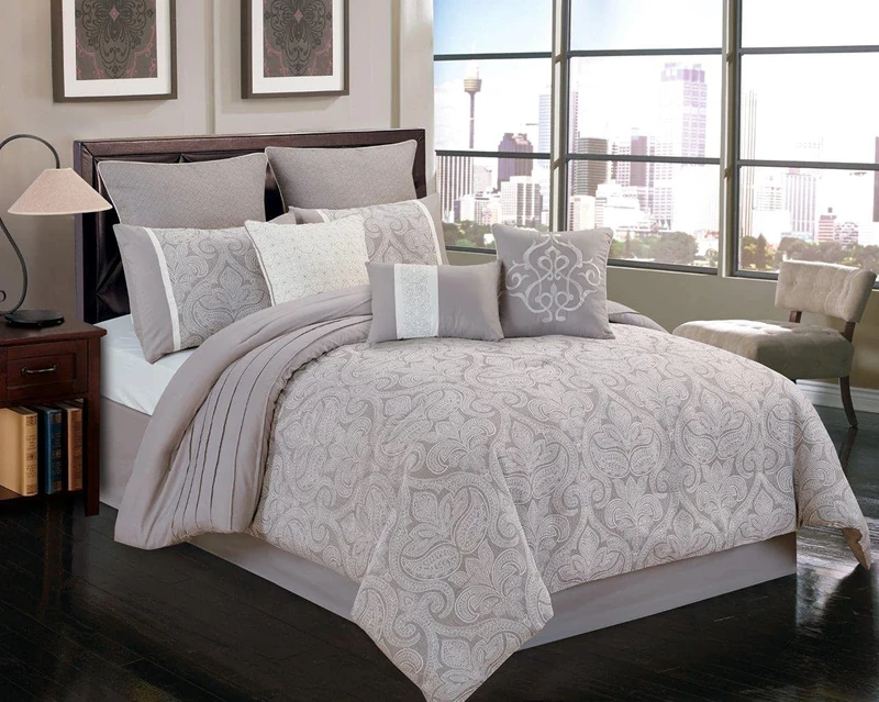 Riverbrook Home Comforter, Polyester, Winthrop-Grey/Ivory, Queen, 9-Piece Set