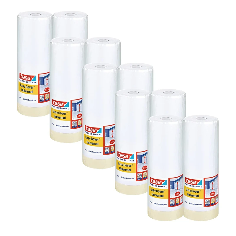 tesa Easy Cover 4368 Universal - Pack of 10 - Painter's Film with Painter's Tape for Masking and Covering for Indoor Painting Work - 2-in-1 Masking Tape with Film - Light Beige, Matte - 33 m x 1.4 m
