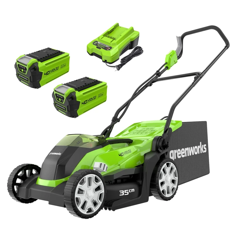 Greenworks 40V Cordless Lawnmower for Lawns up to 400m², 35cm Cutting Width, 40L Bag PLUS Two 40V 2Ah Batteries & One Charger, 3 Year Guarantee-G40LM35K2X, Green