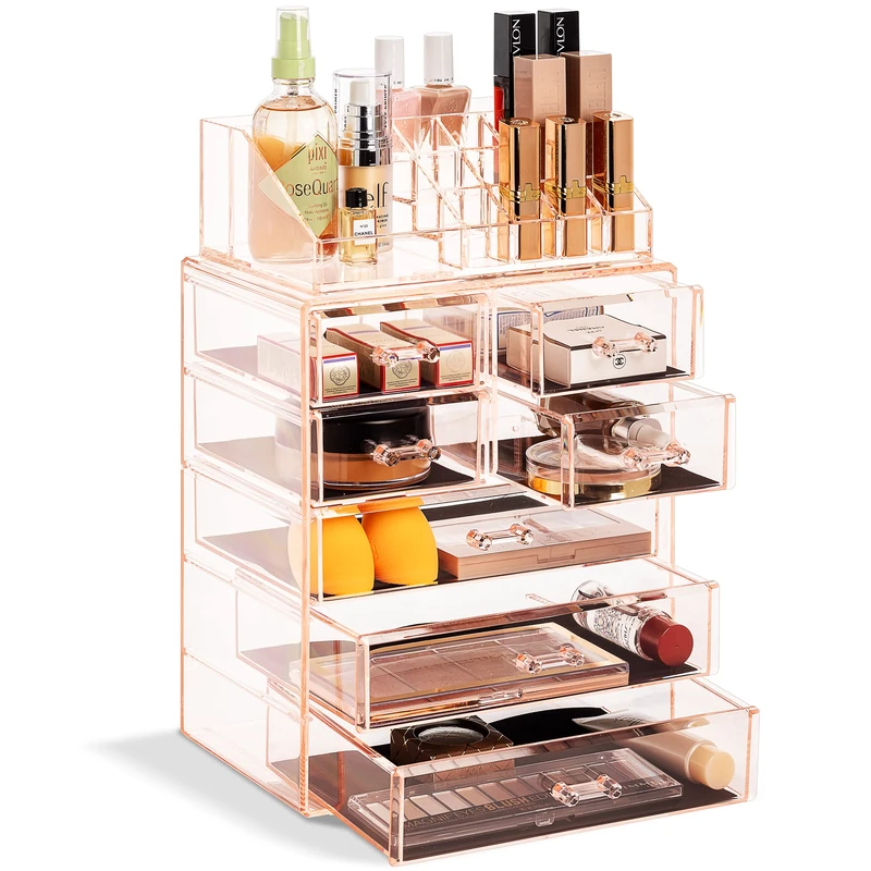 Sorbus Clear Cosmetic Makeup Organizer - Make Up & Jewelry Storage, Case & Display - Spacious Design - Great Holder for Dresser, Bathroom, Vanity & Countertop (4 Large, 2 Small Drawers) [Pink]