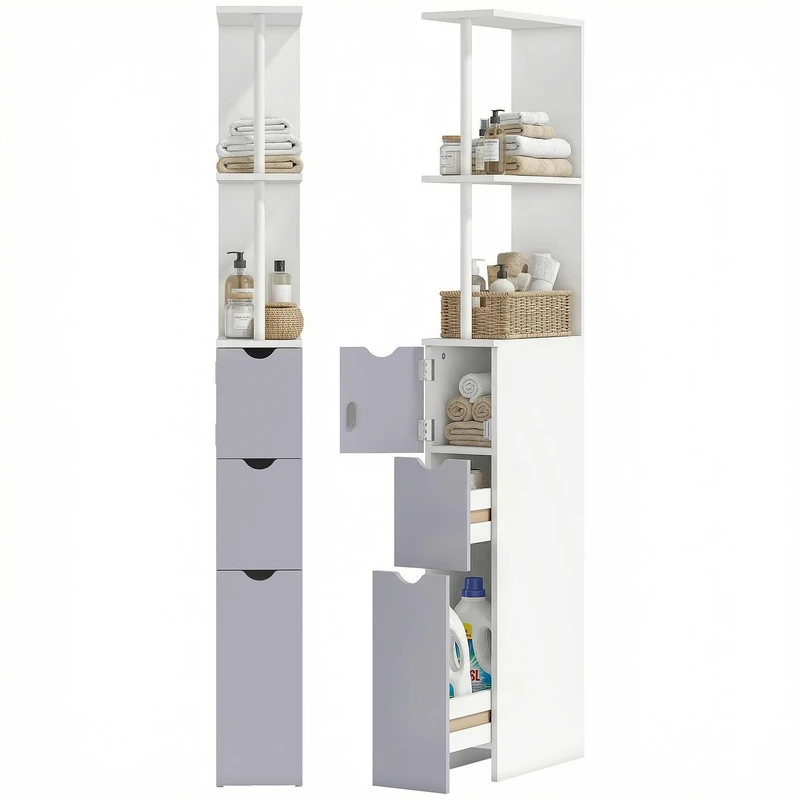 HOMCOM Tall Bathroom Cabinet Freestanding Slim Narrow White and Grey