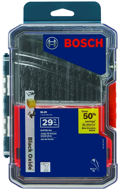 BOSCH BL29 29-Piece Assorted Set Three-Flat Shank Black Oxide Drill Bits with Included Case for Applications in Light-Gauge Metal, Wood, Plastic