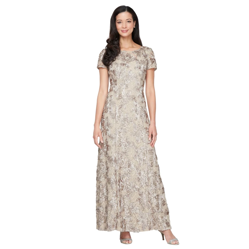 Alex Evenings Women's Petite Long a-Line Rosette Dress Special Occasion, Champagne, 10