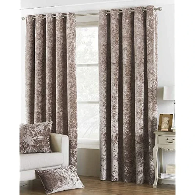 Riva Paoletti Verona Ringtop Eyelet Curtains (Pair) - Oyster Beige - Velvet Feel - Crushed Velvet Look 100% Polyester - 229cm width x 137cm drop (90" x 54" inches) - Designed in the UK