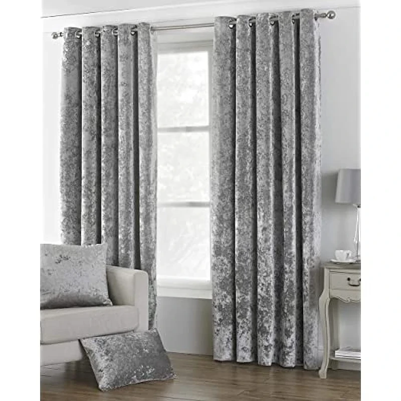 Riva Paoletti Verona Ringtop Eyelet Curtains (Pair) - Silver - Velvet Feel - Crushed Velvet Look 100% Polyester - 117cm width x 137cm drop (46" x 54" inches) - Designed in the UK