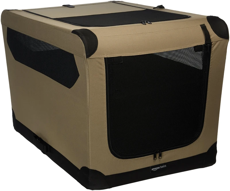 Amazon Basics 2-Doors Portable Soft-Sided Folding Travel Crate Kennel for cat, dog, and other small animals, Tan, L 91 cm x 61 cm x 61 cm