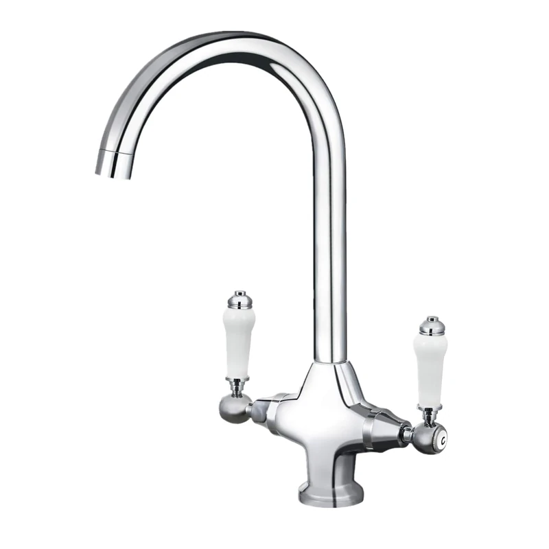 Funime Traditional Kitchen Sink Mixer Tap with Ceramic Dual Lever, Monobloc Victorian Style Kitchen Tap 1 Hole Elegant Brass Chrome Swivel Mono Retro Vintage Sink Faucet with Flexible Hoses