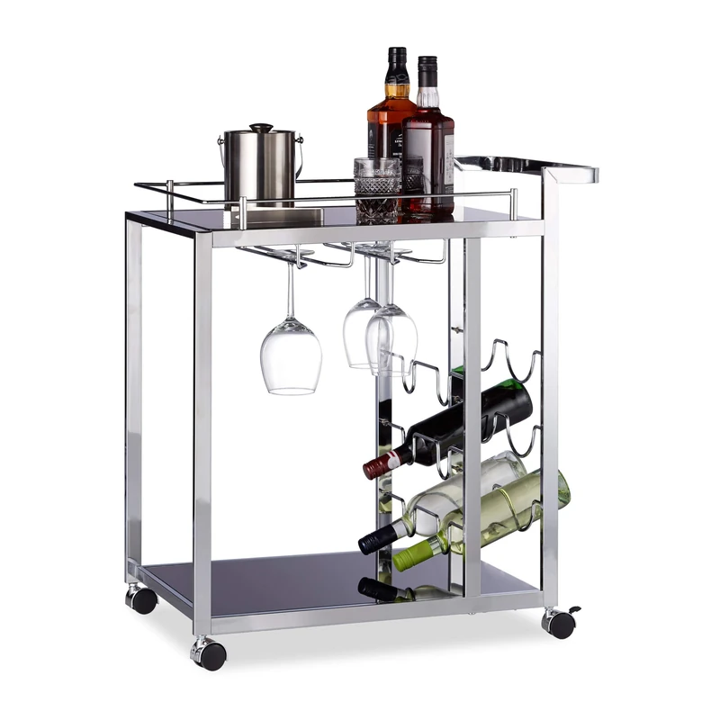 Relaxdays BARON Glass Serving Trolley, Design, Wine Rack for 6 Bottles, HxWxD: 75 x 40 x 70 cm, Kitchen Cart, Black