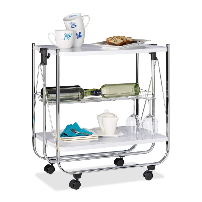 Relaxdays Foldable Serving Trolley, 4 Wheels, 2 Shelves, Basket, HxWxD: 68.5 x 68 x 40.5 cm, Kitchen Cart, White