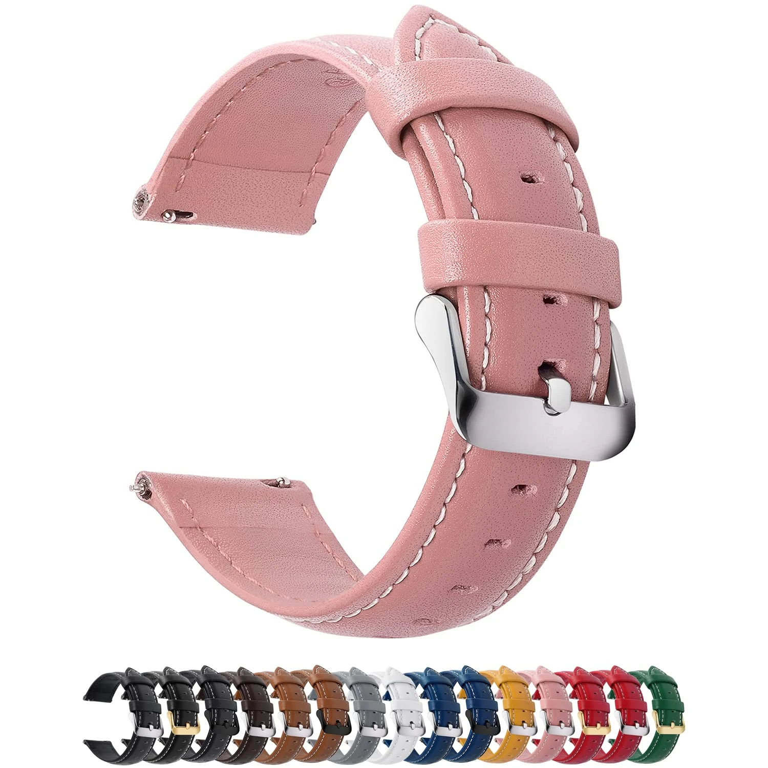 Fullmosa Watch Strap, Genuine Leather Watch Straps with Stainless Metal Clasp, Quick Release Replacement Bands, 14mm 16mm 18mm 19mm 20mm 22mm 24mm, Pink