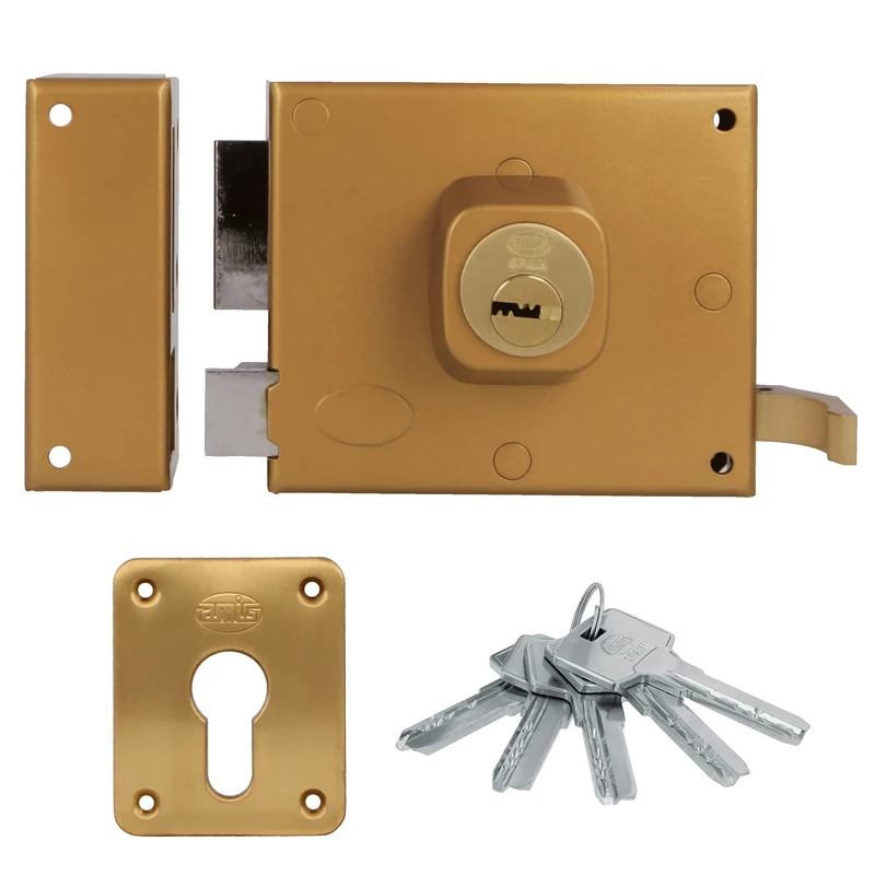 Amig - Left Folding Lock with Lever Lock Tongue and Handle for Wooden Doors, Model 73 | 100 x 85 mm | Bolt with Euro Profile Cylinder | Golden Steel