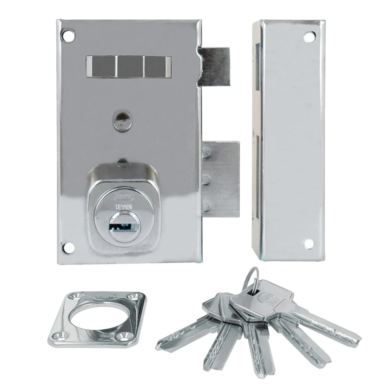 Amig - Right Overlap Lock with Locking Lever, Tab and Handle for Wooden Doors Mod. 75 | 67 x 112 mm | Round Safety Cylinder | Silver Steel