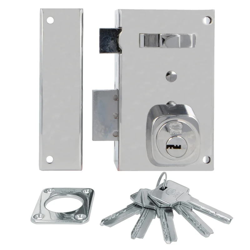 Amig - Surface Mounted Left-Hand Lock with Closing Lever | Latch and Handle | for Wooden Doors | Model 75, 67 x 112 mm | Round Security Cylinder | Steel | Silver