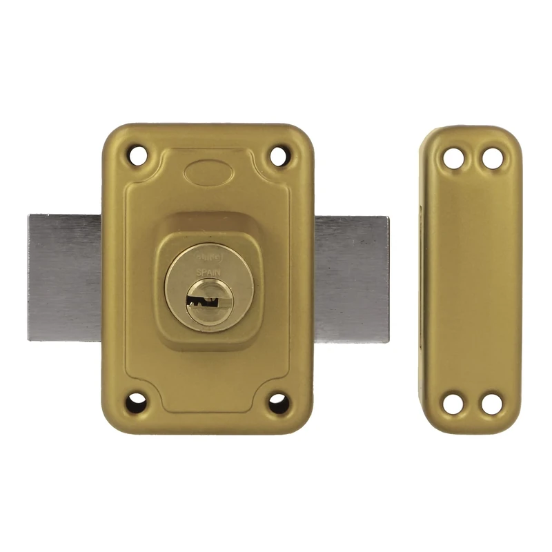 Amig - Overlap Lock with Latch Lever for Wooden Doors Mod. 81-96 x 66 mm - Latch with Internal Security Cylinder on Both Sides - Gold Enamelled Steel
