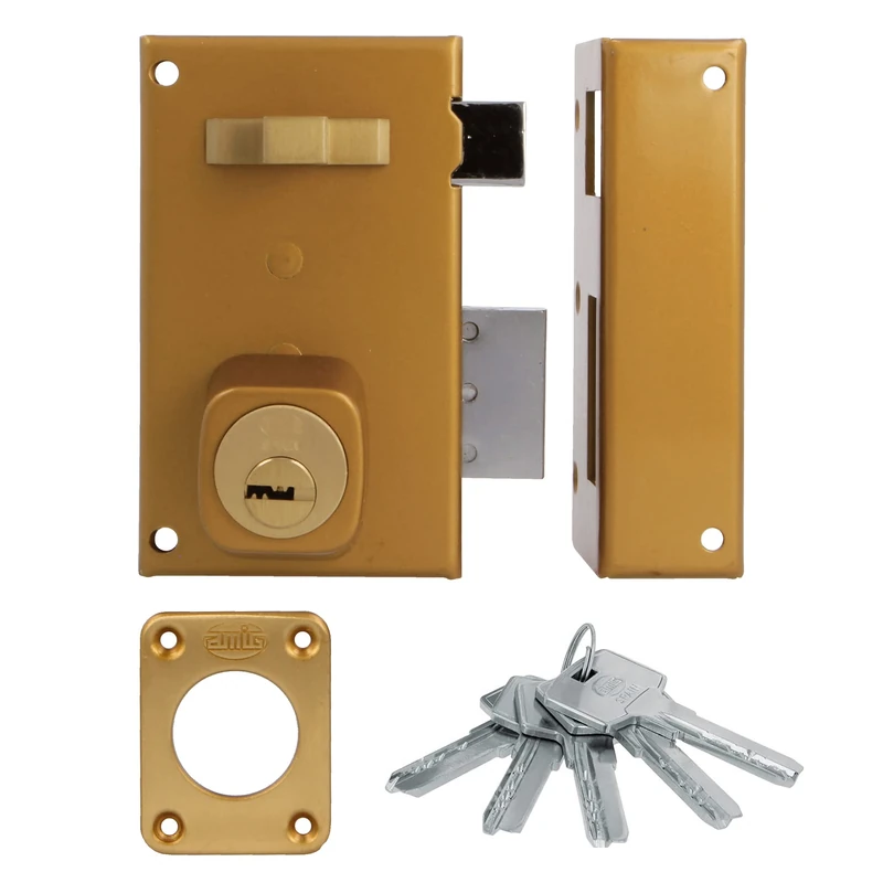 Amig - Surface Mounted Right-Hand Lock with Closing Lever | Latch and Handle for Wooden Doors | Model 75, 67 x 112 mm | Round Security Cylinder | Steel | Gold