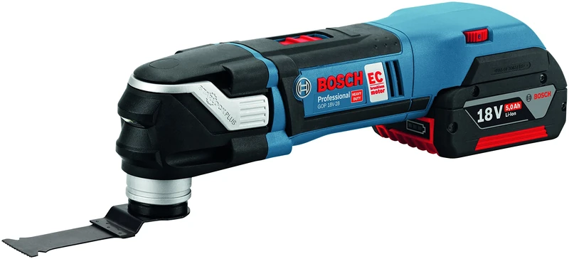 Bosch Professional 18V System Cordless Multi Tool GOP 18V-28 (incl. 2x sanding plate, 9x saw blade, 5x sanding sheets, Quick charger GAL 1880 CV, 2x battery GBA 18V 5.0Ah, L-BOXX 136)