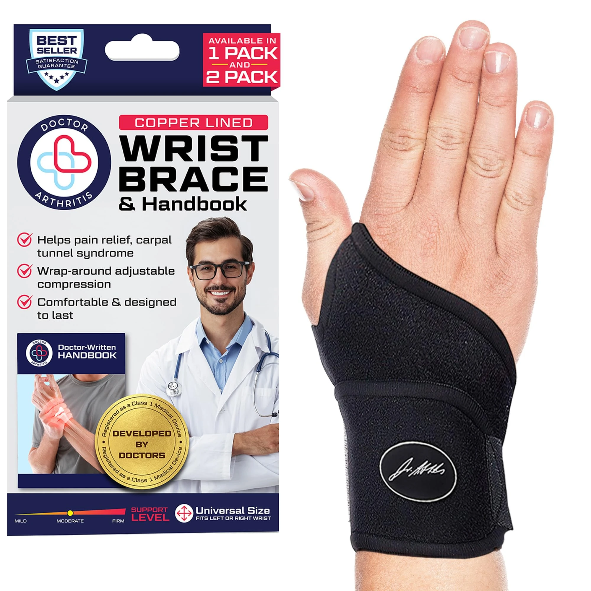 Doctor Developed Premium Wrist Supports - Neoprene & Nylon Carpal Tunnel Wrist Splint - Hand & Wrist Braces W/Doctor Handbook - Wrist Straps For Women & Men Injuries, Joint Disease, Sprains (single)