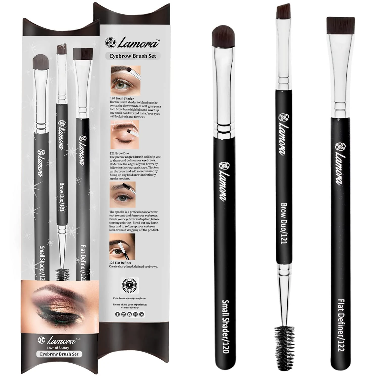Eyebrow Brush - Duo Eye Brow Spoolie - Angled Eyeshadow Eyeliner - Precision Flat Definer Small Shader - Premium Quality 3 Piece Set - Cruelty Free Synthetic Bristles - Gel Powder Make Up Wax Pomade