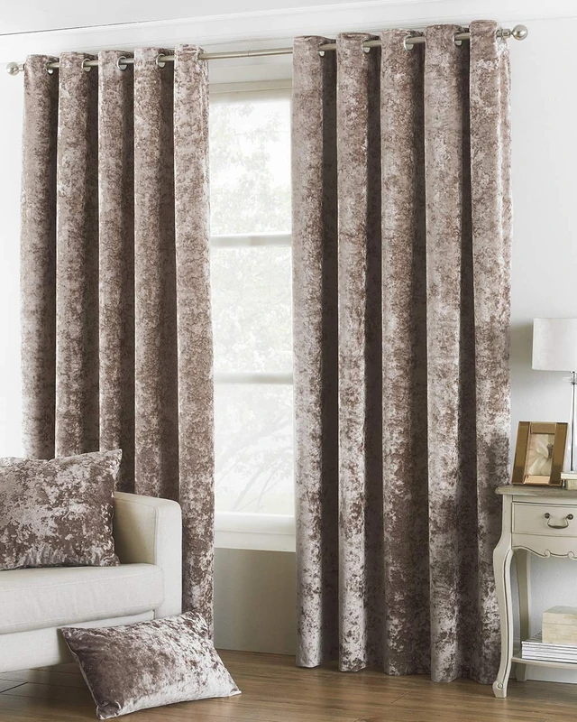 Riva Paoletti Verona Ringtop Eyelet Curtains (Pair) - Oyster Beige - Velvet Feel - Crushed Velvet Look 100% Polyester - 117cm width x 183cm drop (46" x 72" inches) - Designed in the UK