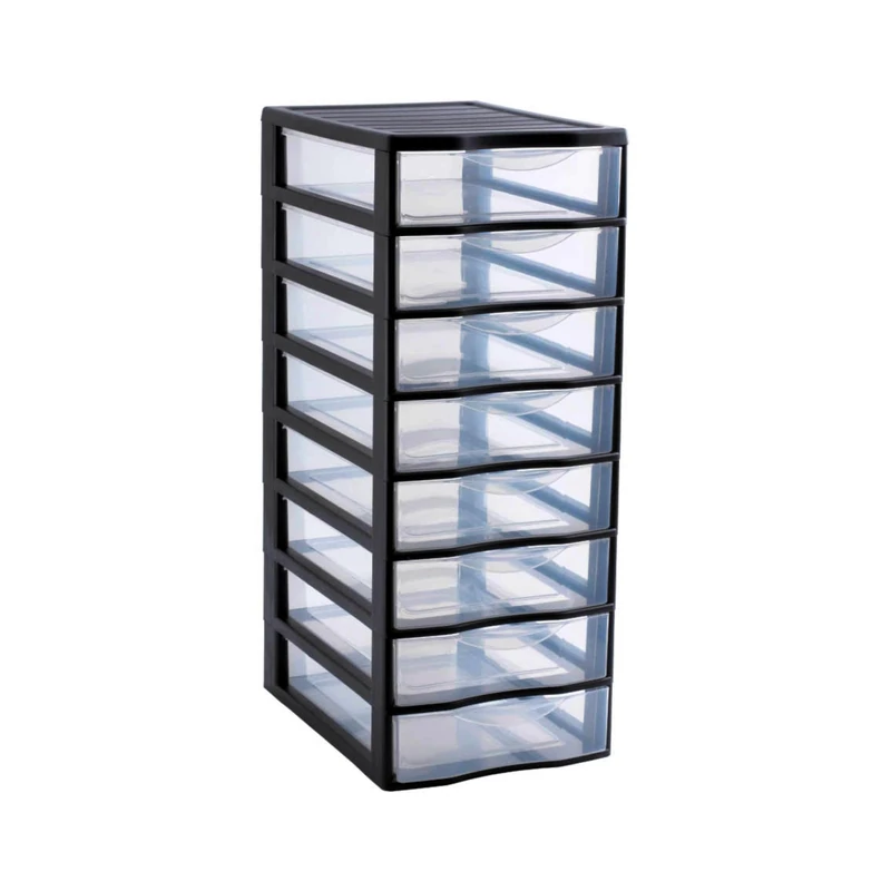 SUNDIS Orgamix, plastic drawers storage unit, 8 transparent drawers, A4 paper format, height 65 cm, ideal for office storage, courses, documents, supplies