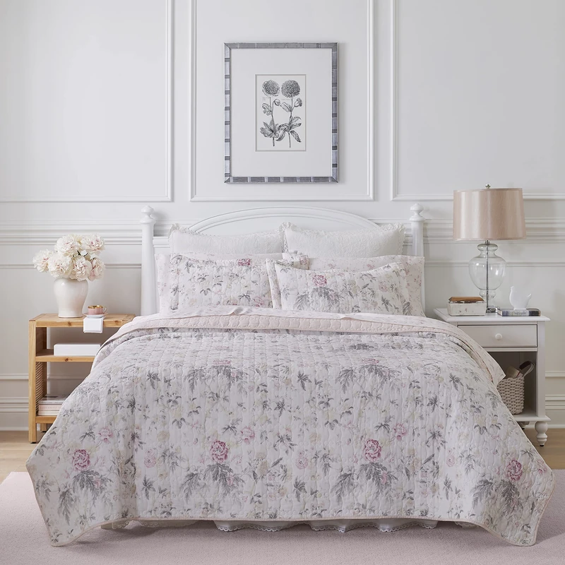 Laura Ashley 100% Cotton, Reversible, Lightweight & Breathable Bedding, Pre-Washed for Added Softness, Pink/Grey, Queen