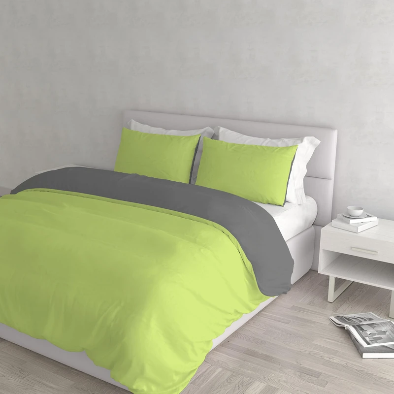 Italian Bed Linen Natural Color Duvet Cover Set with Doubleface Solid Colour Bag Sheet and Pillowcase, Acid Green/Smoke, double