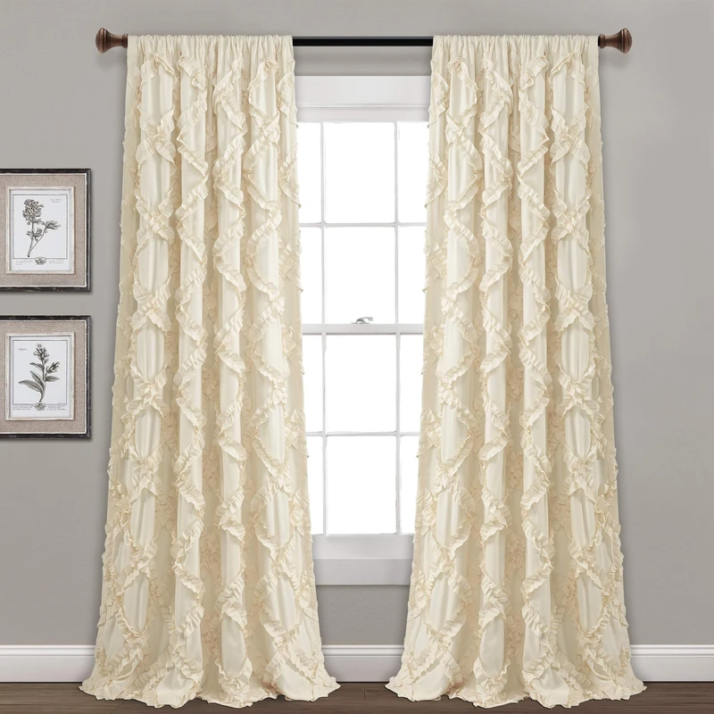 Lush Decor, Ivory Ruffle Diamond Curtains Textured Window Panel Set for Living, Dining Room, Bedroom (Pair), 84” x 54, 2 Count