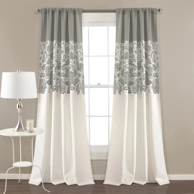 Lush DÉCOR Estate Garden Print Curtains Room Darkening Window Panel Set for Living, Dining, Bedroom (Pair), 84 in x 52 in, Gray