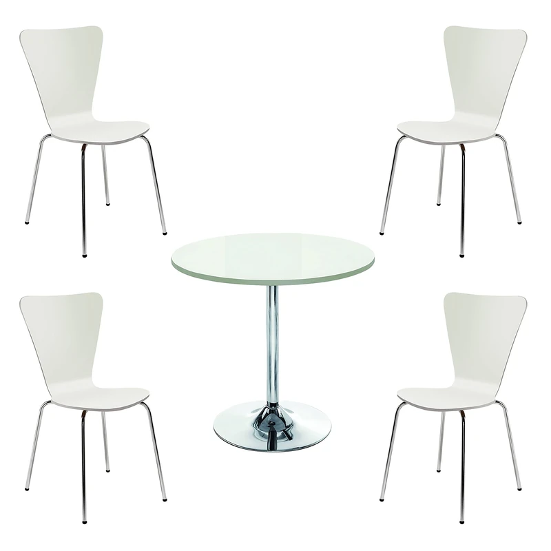Office Hippo Heavy Duty Cafe Bistro Set, Designed for Commercial Use, 1 x Trumpet Base Table, 4 x Chairs - White