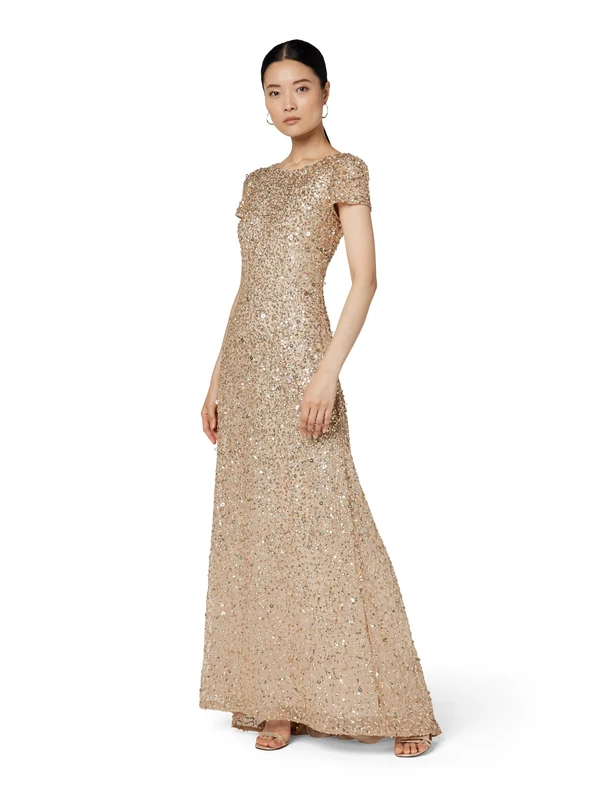 Adrianna Papell Women's Short-Sleeve All Over Sequin Gown Dress, Champagne/Gold, 14