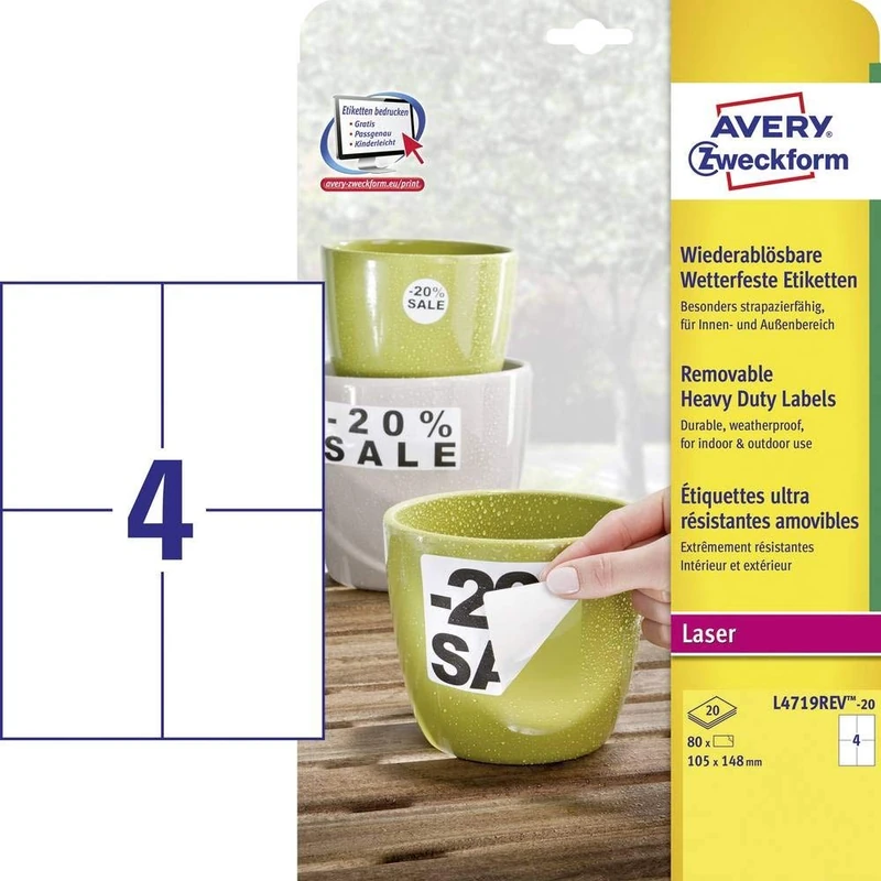 AVERY Zweckform L4719REV-20 Weatherproof Foil Labels, Removable (105 x 148 mm on DIN A4, Self-Adhesive, Printable Outdoor Adhesive Film) 80 Stickers on 20 Sheets White