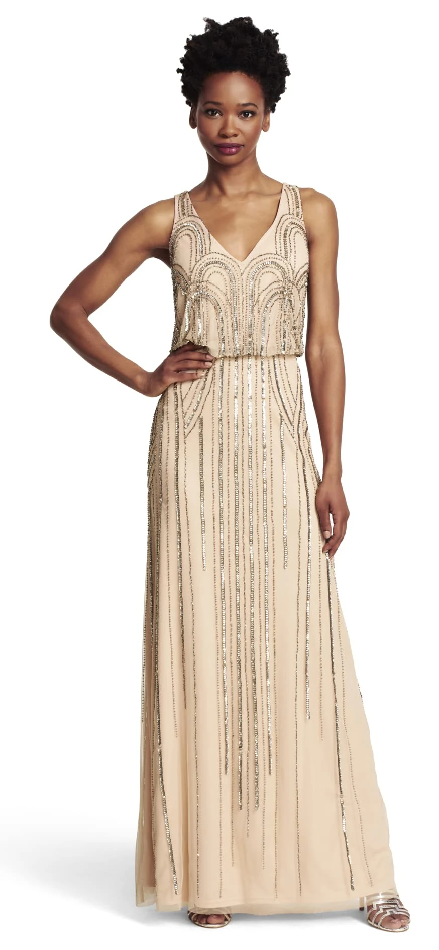 Adrianna Papell Women's Blsn Beaded Art Nouveau Dress, Taupe/Pink, 18